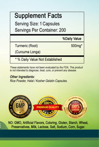 Turmeric Curcuma Longa 500mg Serving High Potency 200 Capsules PL