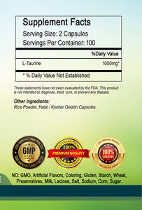 L-Taurine Amino Acid 1000mg Per Serving 200 Capsules Big Bottle USA Shipping PL