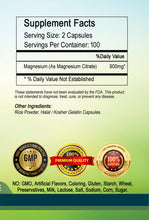 Load image into Gallery viewer, Magnesium Citrate 900mg Serving 100% Pure 200 Capsules Big Bottle USA Shipping PL