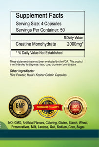 Creatine Monohydrate 2000mg Serving High Potency Big Bottle 200 Capsules PL