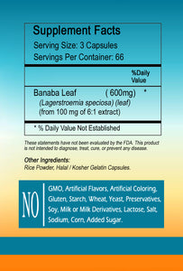 Banaba 600mg Leaf Extract 200 Caps Stand Corosolic Acid 0.6mg Lagerstroemia