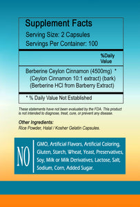 Berberine Plus Ceylon Cinnamon 2000mg  Large Bottles Of 200 Capsules Per Serving Sunlight