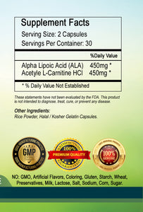 ALA+ALC Alpha Lipoic Acid Acetyle L-Carnitine Complex 800mg Serving Big Bottle 60 Capsules PL