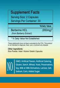 Berberine HCl 950mg Serving, 60 Capsules - Gluten Free, Vegetarian & Non-GMO SL