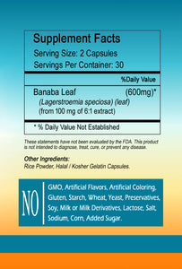 Banaba 600mg Leaf Extract 60 Caps Stand Corosolic Acid 0.6mg Lagerstroemia