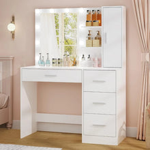 Load image into Gallery viewer, Makeup Vanity with Lights, Vanity Table Set with Mirror, 4 Drawers &amp; Cabinet