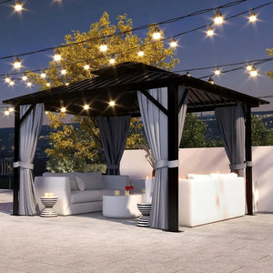 10'x12' Outdoor Gazebo, Double Roof Design with Aluminum Frame, Netting and Curtains