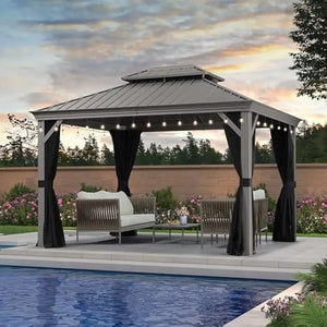 12' x 16' Outdoor Gazebo - Double Metal Roof, Weather Resistant, Includes LED Bulbs