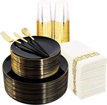 Load image into Gallery viewer, Gold Plastic Dinnerware Set (350pcs) - Disposable White Plates, Gold Handles for Parties