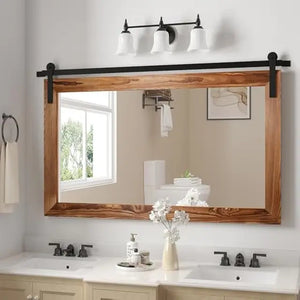 41" x 26" Farmhouse Style Barn Door Wall Mirror, Rustic Wood Frame for Bathroom