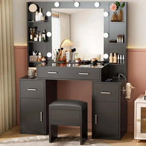 Sleek Vanity Mirror Desk with Lighting, USB Charging, Adjustable Brightness for Beauty Routine