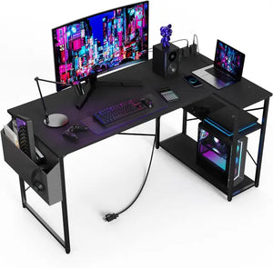 L-Shaped Computer Desk with Power: 47" Small Corner Gaming Desk, Reversible Shelves