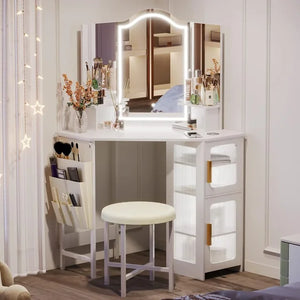 Women's Vanity Table Set - Makeup Vanity with Mirror, Lights, Charging, Drawers