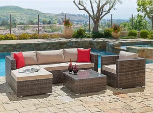 Outdoor Sofa Set with Cushions & Tempered Glass Table - Patio Garden Furniture