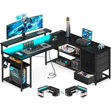 Load image into Gallery viewer, Reversible 61&quot; L-Shaped Computer Desk with Drawer, Power Outlets &amp; LED Lights for Gaming