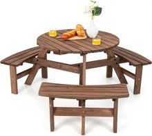 Load image into Gallery viewer, Spacious Outdoor Round Picnic Table, 8-Person Wood Table Set with 4 Built-In Benches, Umbrella Hole