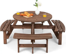 Load image into Gallery viewer, Spacious Outdoor Round Picnic Table, 8-Person Wood Table Set with 4 Built-In Benches, Umbrella Hole