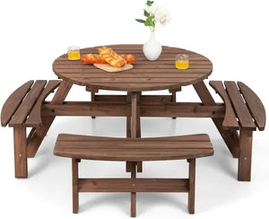 Spacious Outdoor Round Picnic Table, 8-Person Wood Table Set with 4 Built-In Benches, Umbrella Hole