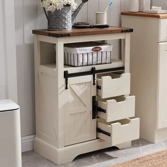 Rustic Bathroom Storage Cabinet, Sliding Barn Door Design, Drawers, Compact Floor Cabinet