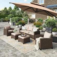 Load image into Gallery viewer, Outdoor 5-Piece Garden Sofa Set: 2 Chairs, 2 Ottomans, 3-Seat Sofa, Cushions