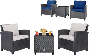 Outdoor Wicker Patio Set - 3 Piece Sofa, Tempered Glass Table, Washable Cushions