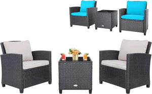 Outdoor Wicker Patio Set - 3 Piece Sofa, Tempered Glass Table, Washable Cushions