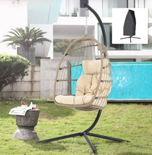 Load image into Gallery viewer, Rattan Hanging Egg Chair w/Stand - Wicker Patio Swing Cushion &amp; Cover Included