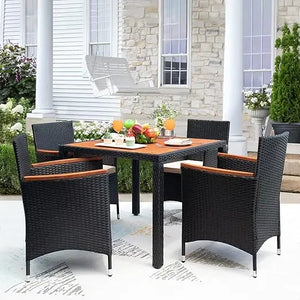 "Outdoor Dining Table & Chairs Set - Acacia Wood Top, Rattan Patio Furniture