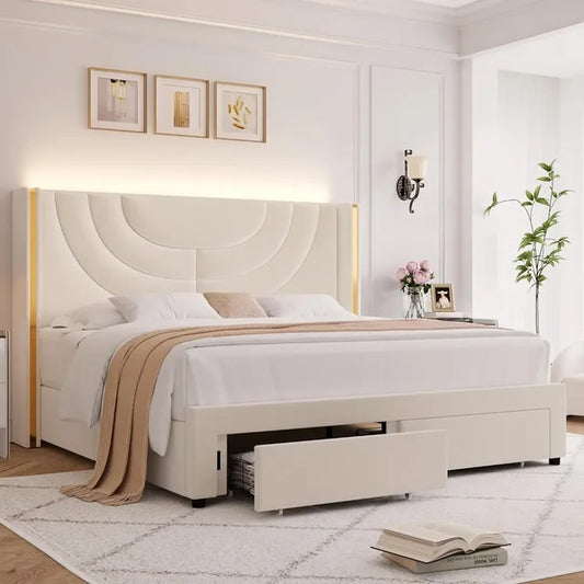 "LED Queen Bed Frame w/ 2 Storage Drawers, Solid Wood Slats, No Box Spring Needed