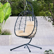 Load image into Gallery viewer, Black Wicker Rattan Hanging Egg Chair w/Stand - Indoor Outdoor Patio Swing