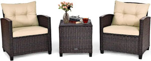 Outdoor Wicker Patio Set - 3 Piece Sofa, Tempered Glass Table, Washable Cushions