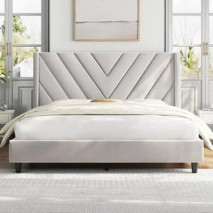 Bedroom Bed Frame - Queen Size, Upholstered Platform w/ Tufted Headboard