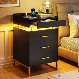 Modern End Table w/ LED Lights & Storage - Metal Legs, Bedside Table for Bedroom