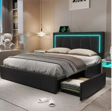 Load image into Gallery viewer, Full Bed Frame - 4 Storage Drawers, LED Light Platform Bed, Charging Station