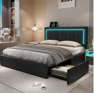 Full Bed Frame - 4 Storage Drawers, LED Light Platform Bed, Charging Station