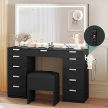 Load image into Gallery viewer, Large Makeup Vanity Desk with LED Mirror - White Vanity Set, Power Outlet, Bench