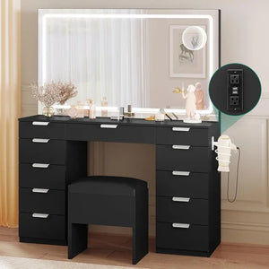 Large Makeup Vanity Desk with LED Mirror - White Vanity Set, Power Outlet, Bench