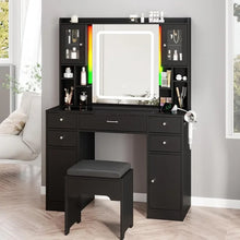 Load image into Gallery viewer, Makeup Vanity Desk Set - LED Mirror, Charging Station, RGB Lights, Time Display