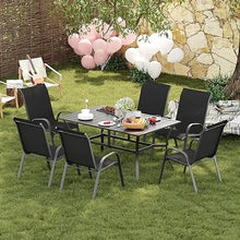 Load image into Gallery viewer, &quot;Outdoor Patio Dining Set: Square Metal Table w/ Umbrella Hole &amp; 6 Stackable Chairs