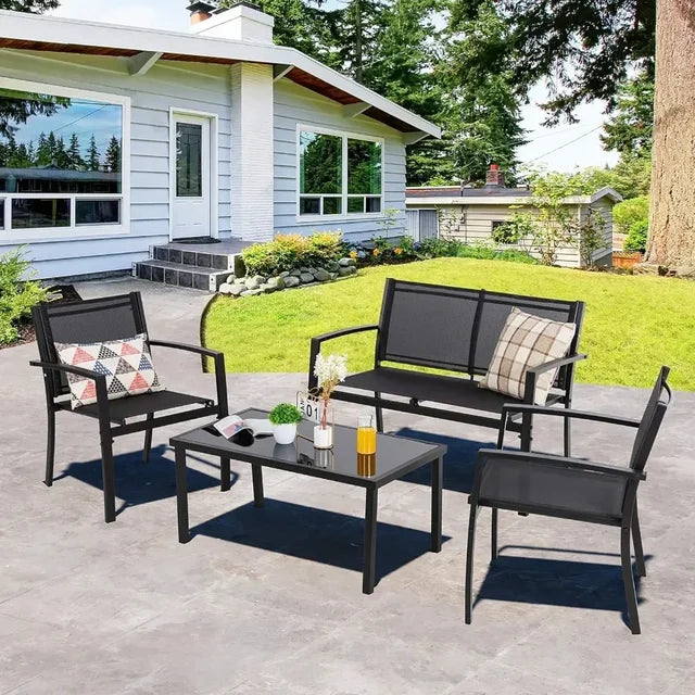 Outdoor Patio Furniture Set, 4-Piece: Glass Coffee Table, Sofa, 2 Single Chairs, Conversation