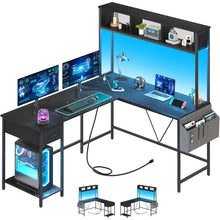 Load image into Gallery viewer, Reversible L-Shaped Computer Desk, Gaming Desk with LED Strip, Power Outlet, Storage Shelf &amp; Drawer