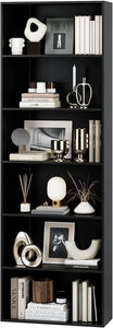 Freestanding 6-Shelf Tall Black Bookcase - Open Design Display Storage Unit