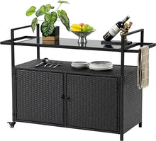 Load image into Gallery viewer, Outdoor Kitchen Trolley - Rolling Cart w/ Wheels, Black Glass Tabletop