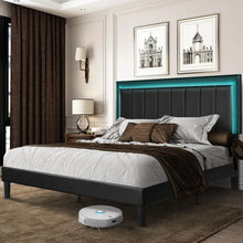 Load image into Gallery viewer, &quot;Modern Queen Size Upholstered Bed Frame w/ Faux Leather Headboard &amp; Wood Slats