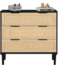 Load image into Gallery viewer, Wood 3-Drawer Dresser Chest, Rattan-Accented Storage for Kids&#39; Bedroom