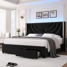 Load image into Gallery viewer, &quot;LED Queen Bed Frame w/ 2 Storage Drawers, Solid Wood Slats, No Box Spring Needed