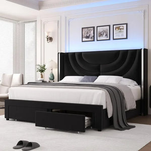 "LED Queen Bed Frame w/ 2 Storage Drawers, Solid Wood Slats, No Box Spring Needed