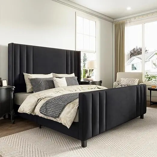 Bedroom Bed Frame - Queen Size, Vertical Tufted Headboard, Wood Slat Base