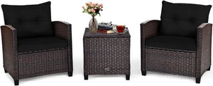 Outdoor Wicker Patio Set - 3 Piece Sofa, Tempered Glass Table, Washable Cushions