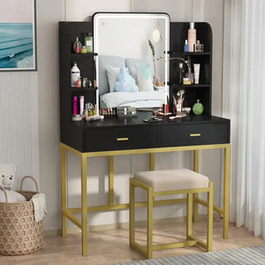 "Illuminated Mirror Dressing Table with Storage Shelves & 5 Drawers – Large Bedroom Dresser